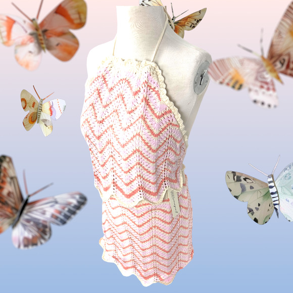 Women’s Crochet 2 Piece Set Skirt Cropped Top Backless Pink Orange Beige New WT - Picture 11 of 16